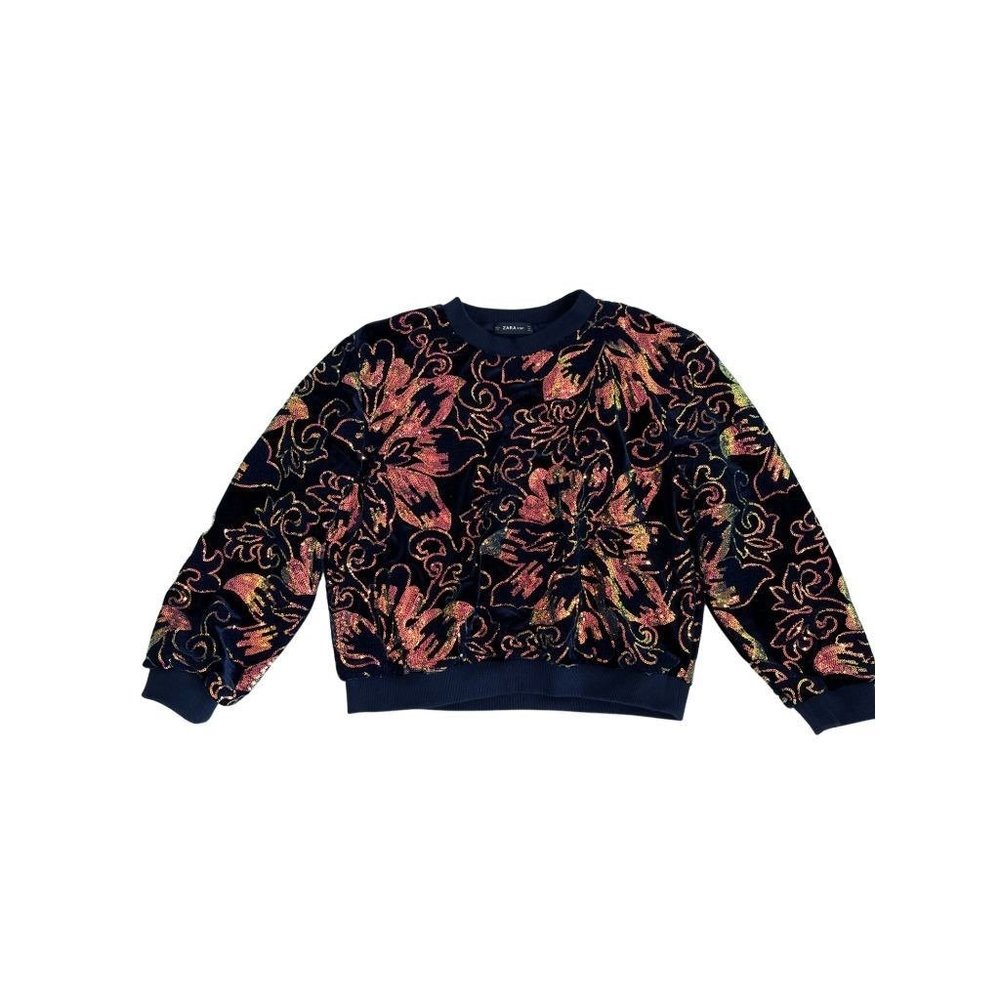 Zara Black Crewneck Sweater with Pink and Gold Floral Embroidery